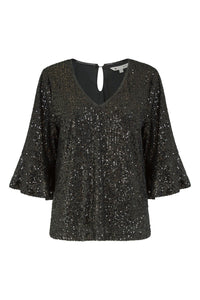 Yumi Black Sequin Top With Fluted Sleeve