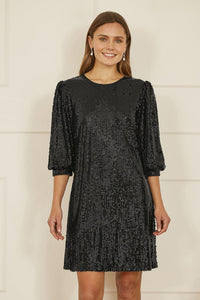 Yumi Black Sequin Tunic Dress with Balloon Sleeves for Festive Glamour