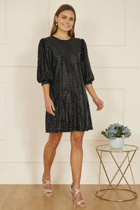 Yumi Black Sequin Tunic Dress with Balloon Sleeves for Festive Glamour