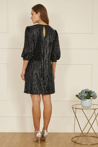 Yumi Black Sequin Tunic Dress with Balloon Sleeves for Festive Glamour