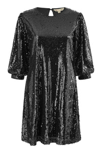 Yumi Black Sequin Tunic Dress with Balloon Sleeves for Festive Glamour