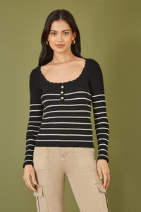 Yumi Black Stripe Rib Knitted Long Sleeve Top With Button Details