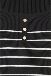 Yumi Black Stripe Rib Knitted Long Sleeve Top With Button Details