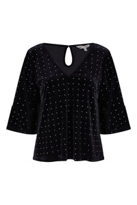 Yumi Black Stud Velvet Relaxed Fit Top With Fluted Sleeves
