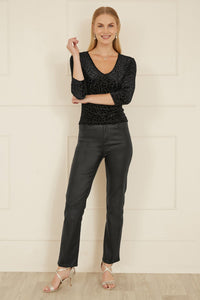 Yumi Black Velvet Leopard V Neck Top