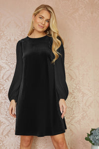Yumi Black Velvet Tunic Dress with Pleated Balloon Sleeves And Tie Back