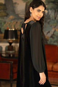 Yumi Black Velvet Tunic Dress with Pleated Balloon Sleeves And Tie Back