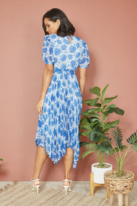 Yumi Blue Floral Pleated Midi Dress With Puff Sleeves