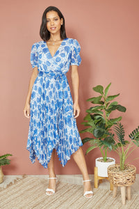 Yumi Blue Floral Pleated Midi Dress With Puff Sleeves
