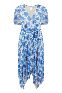 Yumi Blue Floral Pleated Midi Dress With Puff Sleeves