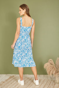 Yumi Blue Paisley leaf Print Midi Sundress