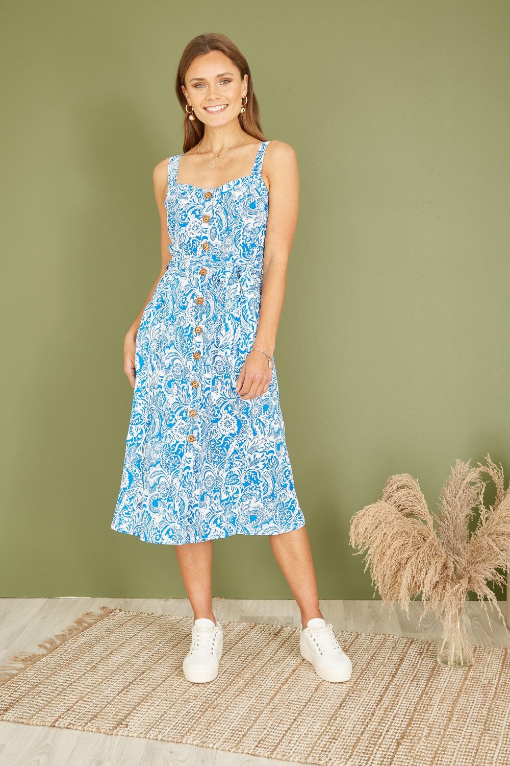 Yumi Blue Paisley leaf Print Midi Sundress