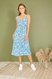 Yumi Blue Paisley leaf Print Midi Sundress