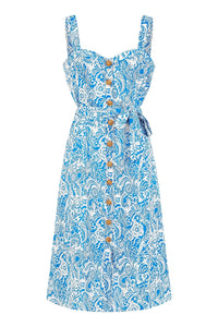 Yumi Blue Paisley leaf Print Midi Sundress