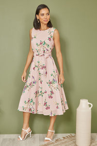 Yumi Blush Floral Midi Skater Dress for Effortless Elegance