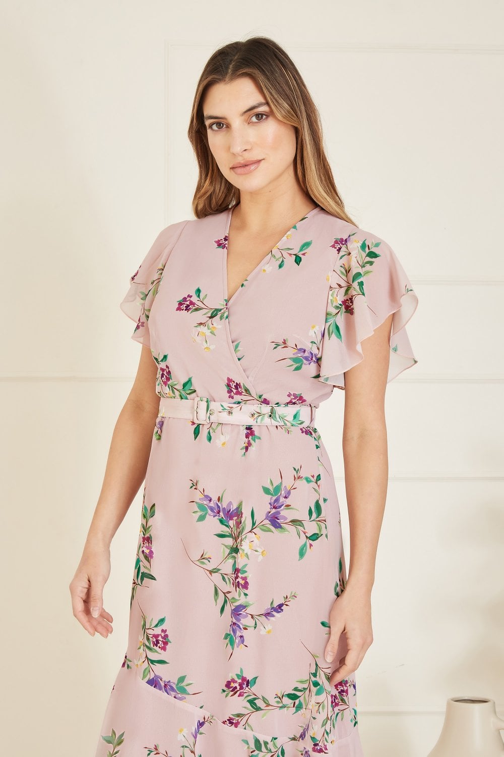 Yumi Blush Wrap Over Midi Dress with Frill Hem and Belt