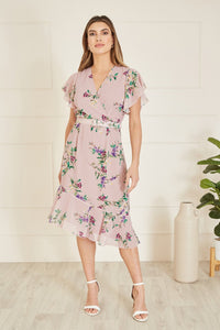 Yumi Blush Wrap Over Midi Dress with Frill Hem and Belt