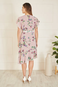 Yumi Blush Wrap Over Midi Dress with Frill Hem and Belt