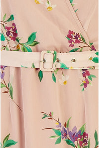 Yumi Blush Wrap Over Midi Dress with Frill Hem and Belt