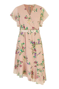Yumi Blush Wrap Over Midi Dress with Frill Hem and Belt