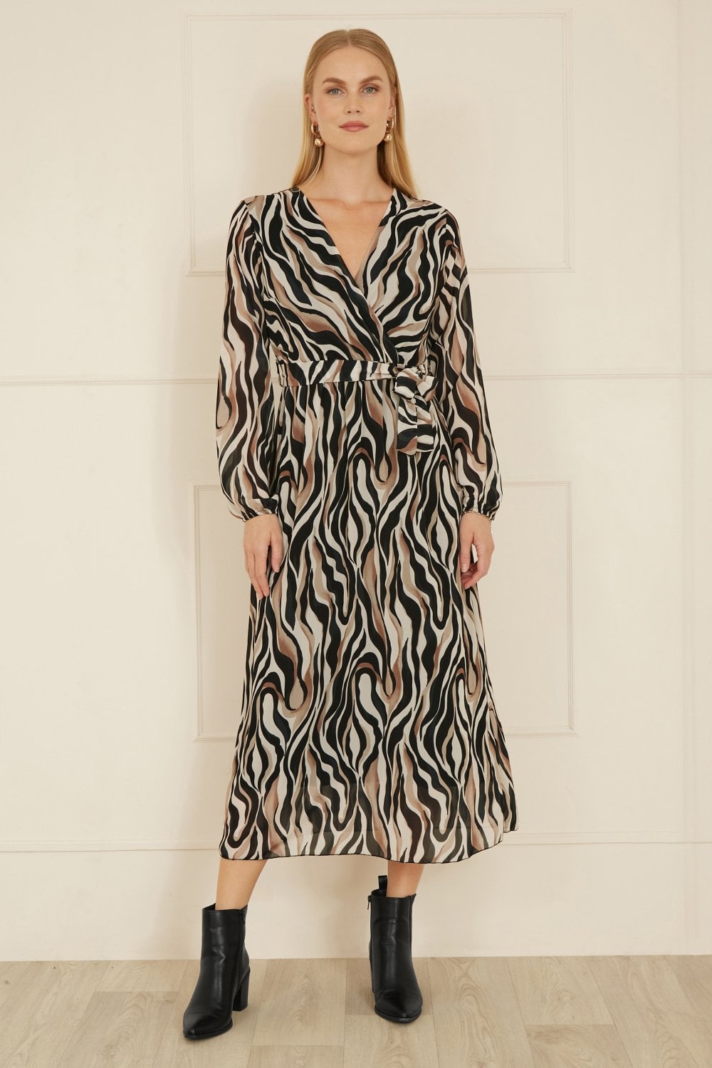 Yumi Brown Animal Swirl Midi Wrap Dress - Effortless Style for Every Occasion