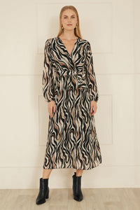 Yumi Brown Animal Swirl Midi Wrap Dress - Effortless Style for Every Occasion