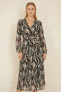 Yumi Brown Animal Swirl Midi Wrap Dress - Effortless Style for Every Occasion