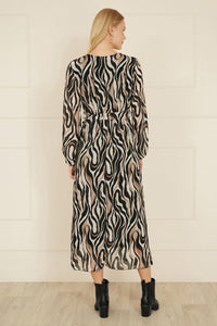 Yumi Brown Animal Swirl Midi Wrap Dress - Effortless Style for Every Occasion