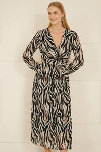 Yumi Brown Animal Swirl Midi Wrap Dress - Effortless Style for Every Occasion
