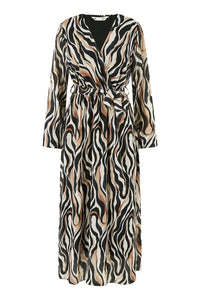 Yumi Brown Animal Swirl Midi Wrap Dress - Effortless Style for Every Occasion
