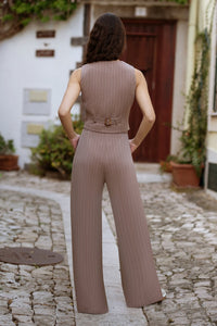 Yumi Brown Pinstripe Sustainable Cotton And Ramie Wide Leg Trousers