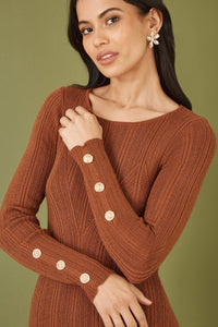 Yumi Brown Shimmer Fitted Midi Dress With Button