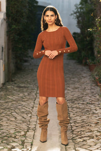 Yumi Brown Shimmer Fitted Midi Dress With Button