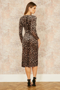 Yumi Brown Velvet Leopard Print Fitted Midi Dress