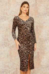 Yumi Brown Velvet Leopard Print Fitted Midi Dress
