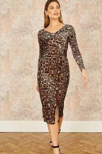 Yumi Brown Velvet Leopard Print Fitted Midi Dress