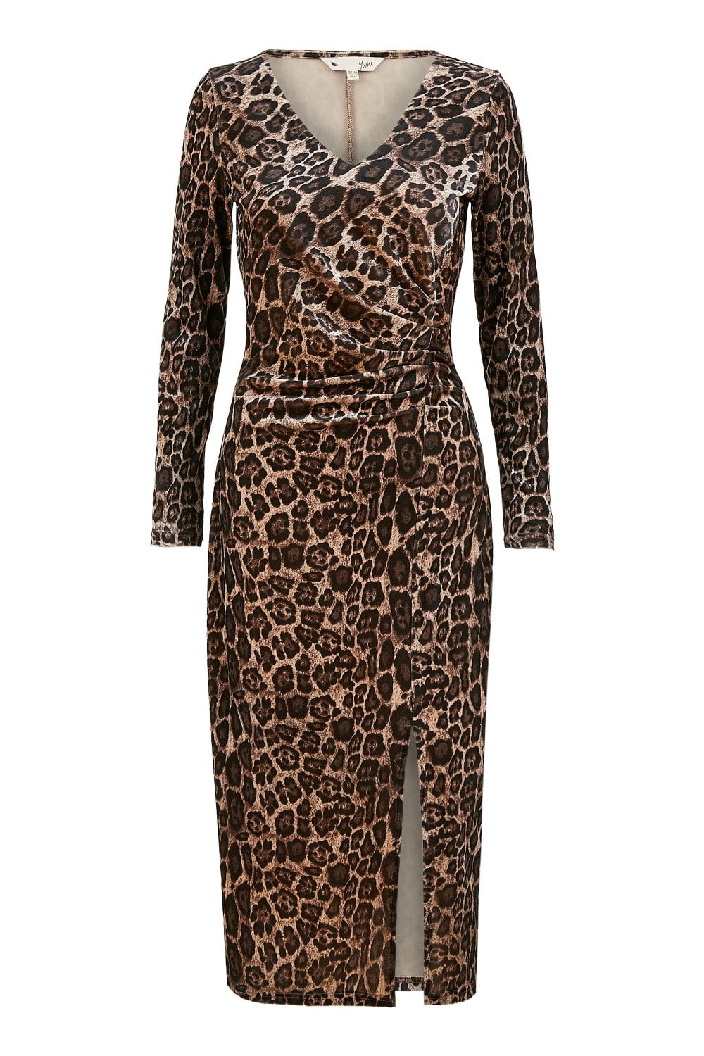 Yumi Brown Velvet Leopard Print Fitted Midi Dress