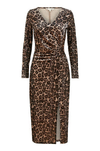 Yumi Brown Velvet Leopard Print Fitted Midi Dress