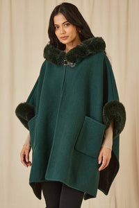 Yumi Green Cape With Luxe Fur Trim And Lining