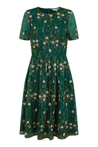 Yumi Green Embroidered Floral Skater Dress
