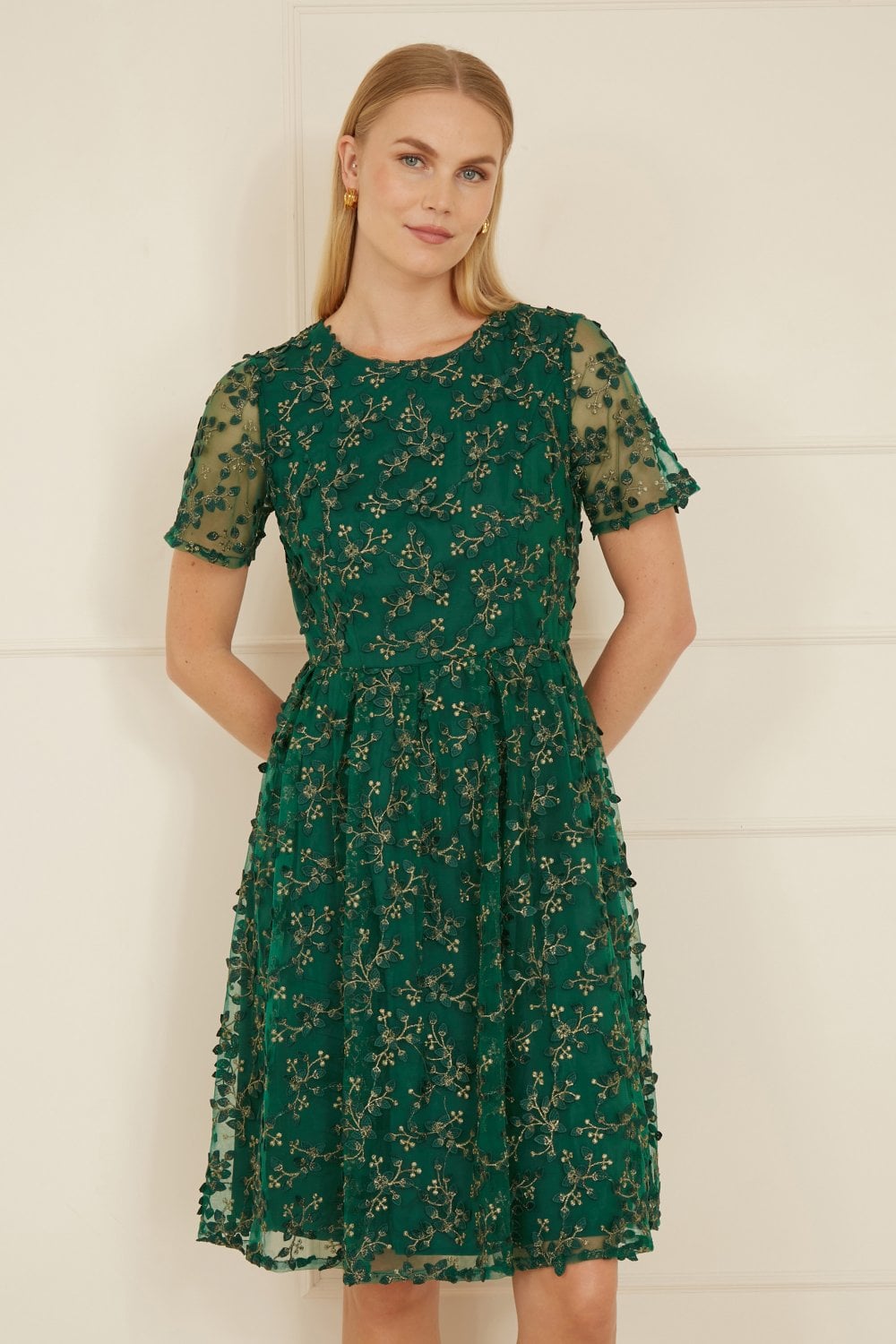 Yumi Green Embroidered Floral Skater Dress