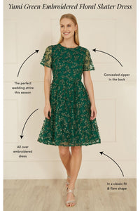 Yumi Green Embroidered Floral Skater Dress
