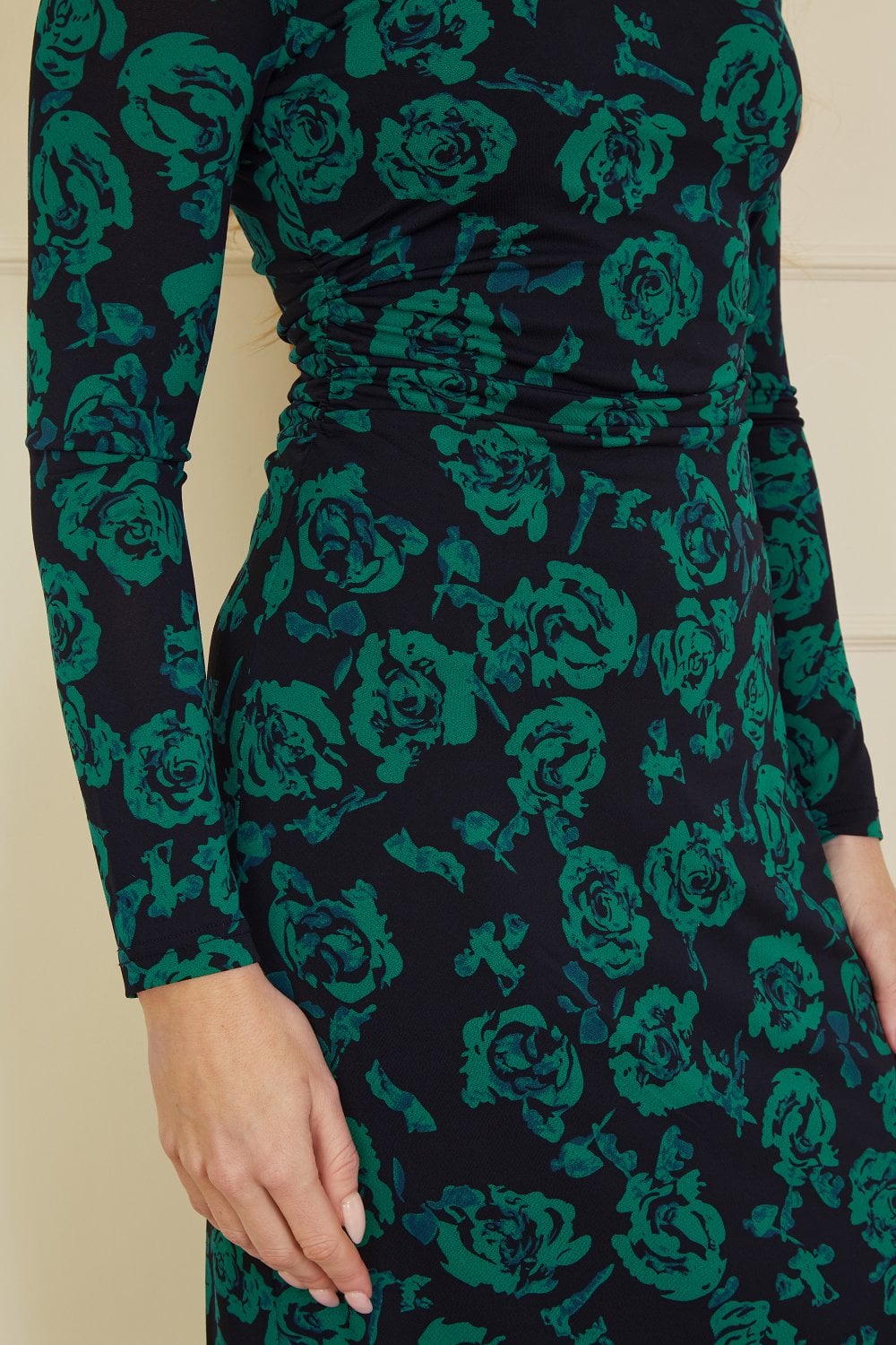 Yumi Green Floral Fitted Mesh Midi Dress With Long Sleeves