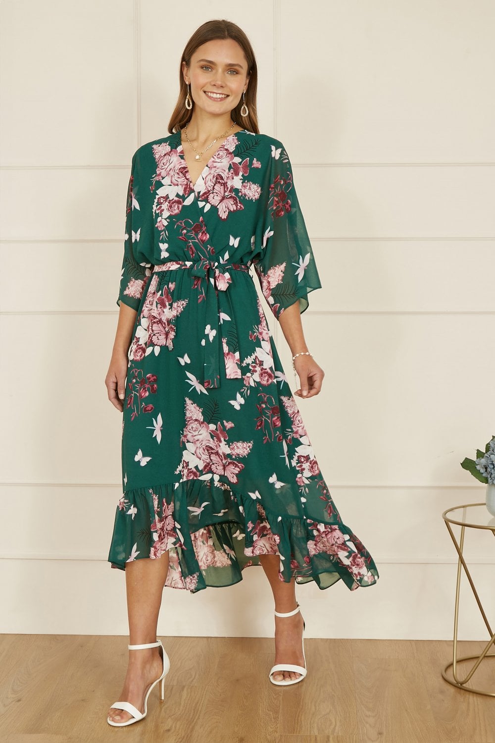 Yumi Green Floral Kimono Dipped Hem Dress