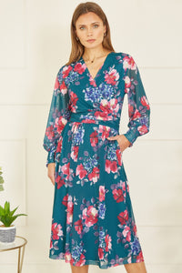 Yumi Green Floral Print Stretch Mesh Dress With Pockets