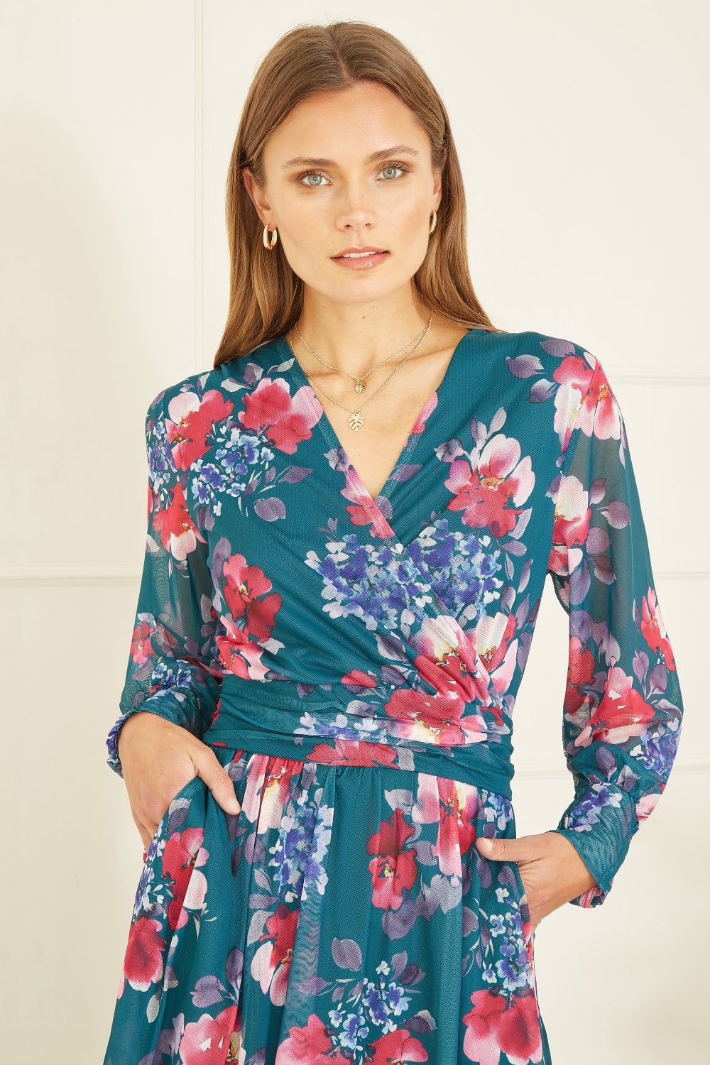 Yumi Green Floral Print Stretch Mesh Dress With Pockets