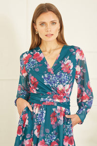 Yumi Green Floral Print Stretch Mesh Dress With Pockets