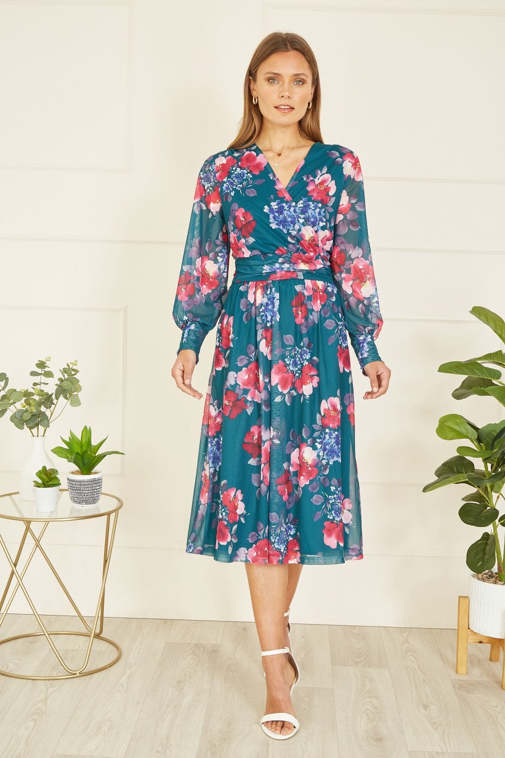 Yumi Green Floral Print Stretch Mesh Dress With Pockets