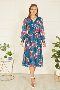 Yumi Green Floral Print Stretch Mesh Dress With Pockets