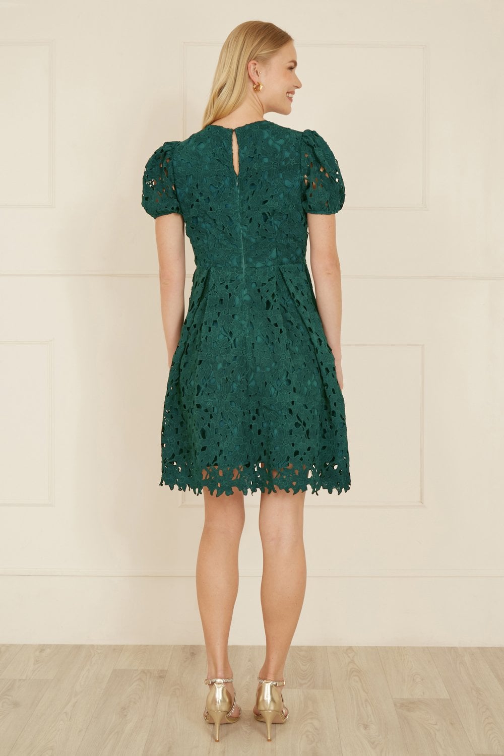 Yumi Green Lace Skater Dress With Puff Sleeves